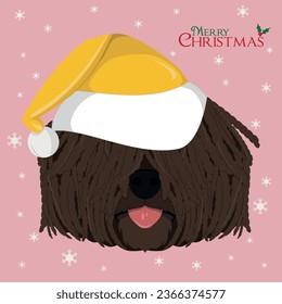 Christmas greeting card. Puli dog with yellow Santa's hat