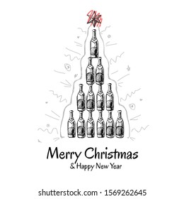 Christmas greeting card with pyramid of champagne bottles. Abstract Christmas tree