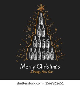 Christmas greeting card with pyramid of champagne bottles. Abstract Christmas tree