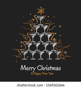 Christmas greeting card with pyramid of champagne glasses. Abstract Christmas tree