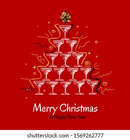 Christmas greeting card with pyramid of champagne glasses. Abstract Christmas tree