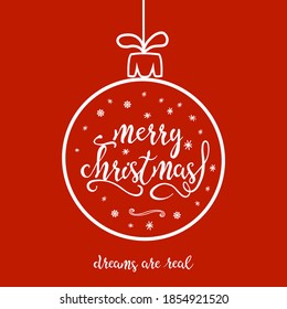 Christmas greeting card with quote merry christmas and contour snowflakes inside bauble isolated on the red background. Monochrome vector illustration in shape of christmas ball.