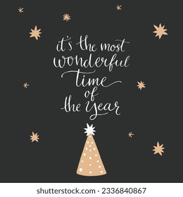 Christmas greeting card with quote Its the most wonderful time of the year. Gold decorated Christmas tree and handwritten calligraphy saying. Vector typography design.