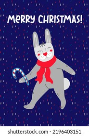 Christmas greeting card with a rabbit and candy. Vector illustration 