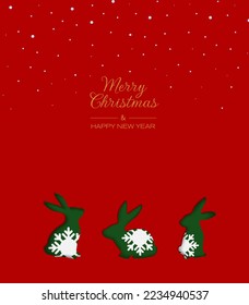 Christmas greeting card with rabbit in digital craft style. Green rabbbit on a red background with snow.