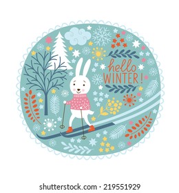 Christmas greeting card, rabbit is skier