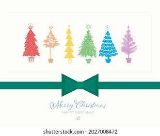 Christmas greeting card with rainbow christmas trees and green ribbon on white background.