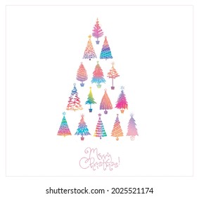 Christmas greeting card with ranbow christmas trees on white background