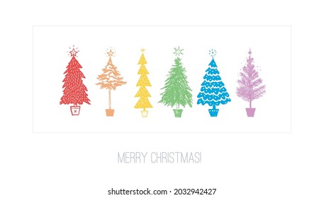 Christmas greeting card with ranbow christmas trees on white background.