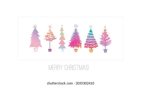 Christmas greeting card with ranbow christmas trees on white background