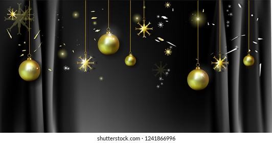 Christmas greeting card with realistic Christmas ball  and gold snowflakes.