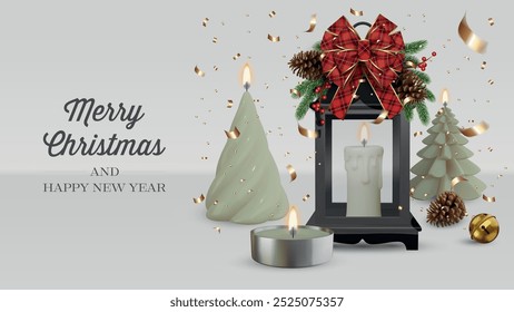 christmas greeting card with realistic decorated lantern, candles and ornaments