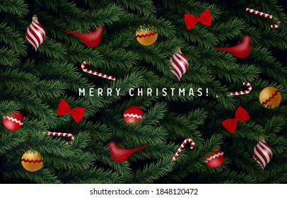Christmas greeting card with realistic christmas tree branches. Beautiful Christmas background