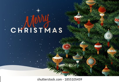 Christmas greeting card with realistic christmas tree branches. Beautiful Christmas background