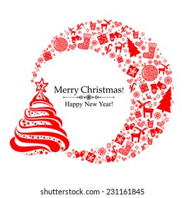 Christmas Greeting Card. Red Christmas background with star, snowflakes and Christmas tree. Vector Illustration 