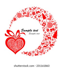 Christmas Greeting Card. Red Christmas background with star, snowflakes and Christmas tree. Vector Illustration 