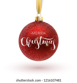 Christmas greeting card. Red Christmas ball, with an ornament and spangles.Hand drawn lettering. Vector illustration.