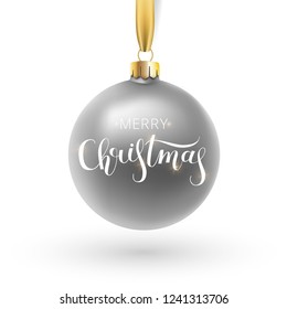 Christmas greeting card. Red Christmas ball, with an ornament and spangles.Hand drawn lettering. Vector illustration.