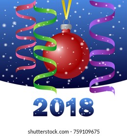 Christmas greeting card with red Christmas ball, colorful serpentine, falling snow and the inscription 2018. Vector illustration