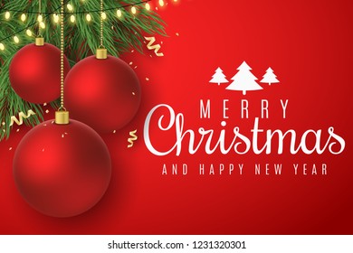 Christmas greeting card. Christmas red balls on fir tree. Flying confetti with serpentine. Glowing gold light garland. Web banner. Vector illustration. EPS 10