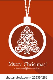 Christmas Greeting Card. Red card with Christmas balls with Christmas tree 