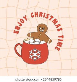 Christmas greeting card with red cup and gingerbread man in groovy style. Template for Merry Christmas and Happy New year greeting card, poster, party invitation. Vector illustration