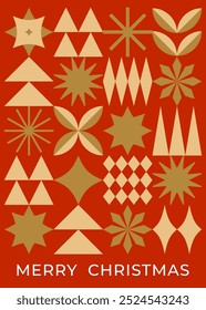 Christmas greeting card with red and golden geometric elements. Flat style. Template for winter holidays design. Vector illustration