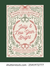 Christmas Greeting Card with Red and Green Line Art Featuring Bells, Holly, and Jolly and New Year Bright Message