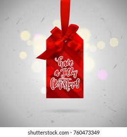  Christmas greeting card red label with a bow. Xmas vector background. Hand drawn calligraphy. concept handwritten  have a Jolly Christmas