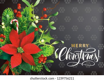 Christmas greeting card with red poinsettia and holly branches bouquet. Vector illustration.