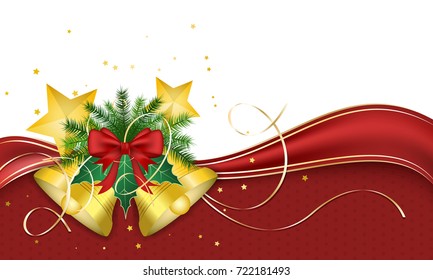 Christmas greeting card. Red ribbon and golden christmas bells with stars and needles. Vector illustration.