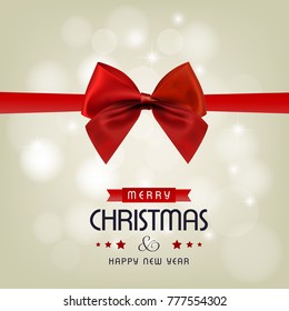 christmas greeting card with red ribbon and light background.