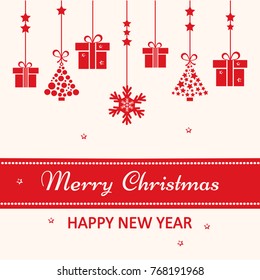 Christmas greeting card. Red Christmas toys hanging. Vector illustration