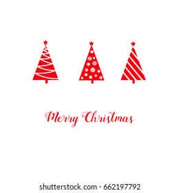 Christmas greeting card red triangle graphic abstract fir trees, star, baubles, snow flakes, lettering, white background, minimalist 
