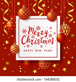 Christmas greeting card with red Xmas balls