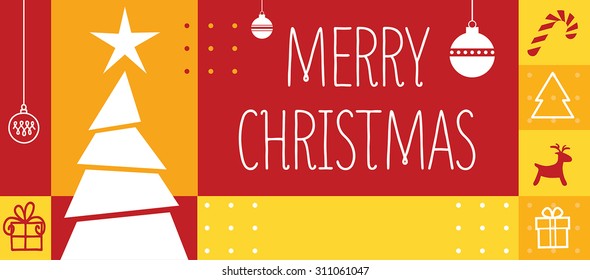 Christmas Greeting Card in red and yellow with Christmas Symbols.
Merry Christmas lettering, vector illustration.