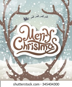 Christmas greeting card. Reindeer antlers. Santa Claus riding in a sleigh with reindeer