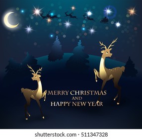 Christmas greeting card with reindeer, deers and forest on the background. Vector illustration