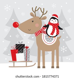 christmas greeting card  with reindeer and penguin design