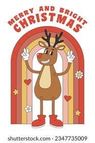 Christmas greeting card with reindeer and rainbow in groovy retro style. Template for Merry Christmas and Happy New year greeting card, poster, party invitation. Vector illustration