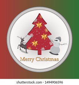 Christmas Greeting Card. Reindeer and snow man with Merry Christmas lettering.Paper art design.Vector illustration.Eps10