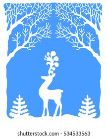 Christmas greeting card with reindeer and snow-covered trees