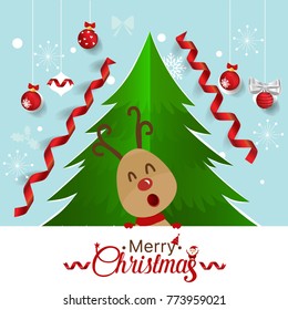 Christmas Greeting Card with Reindeer, Christmas tree and Christmas decorations. Vector illustration.