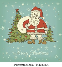 Christmas greeting card in retro style with Santa