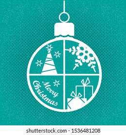 Christmas greeting card in retro style with hanging bauble, snoflakes, gifts and tree against spotted background, vintage vector illusration with old texture