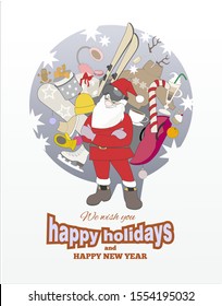 Christmas greeting card in retro style. Santa Claus in ski goggles, winter items and Happy Holidays text.