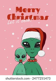 Christmas greeting card in retro style. Alien family. Vector illustration for Merry Christmas and Happy New Year celebration.