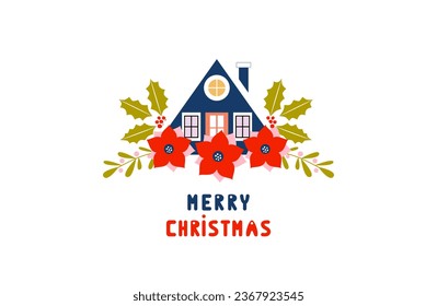 Tarjeta de felicitación navideña al estilo retro vintage. Casa festiva de invierno con flores e inscripción dibujada a mano Feliz Navidad. Feliz Año Nuevo. Escandinavo. Fondo, banner, portada, plantilla web.