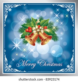 christmas greeting card with ring over blue background