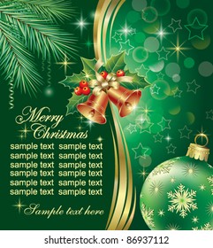 christmas greeting card with ring over green background